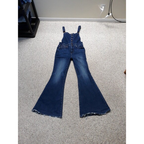 XL Judy Blue Dark Wash Bib Overalls Flare Raw Hem - Picture 2 of 9